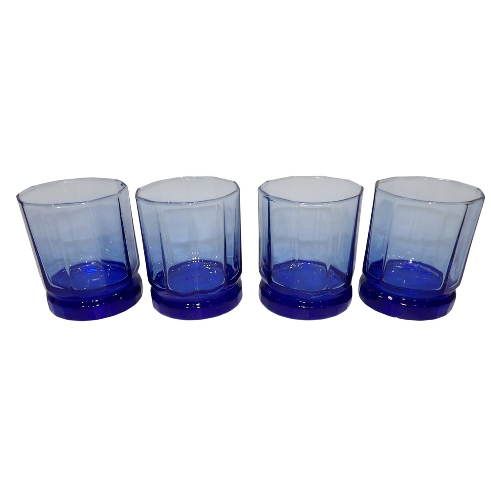 Cobalt Blue Paneled Glass Tumblers Set of 4 Weighted Base Rocks Glasses